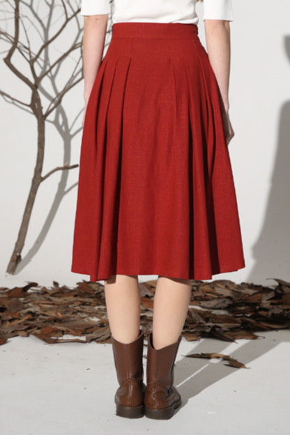 Rust Linen Cotton A-Line Midi Skirt - Pleated Waist Detail 1155