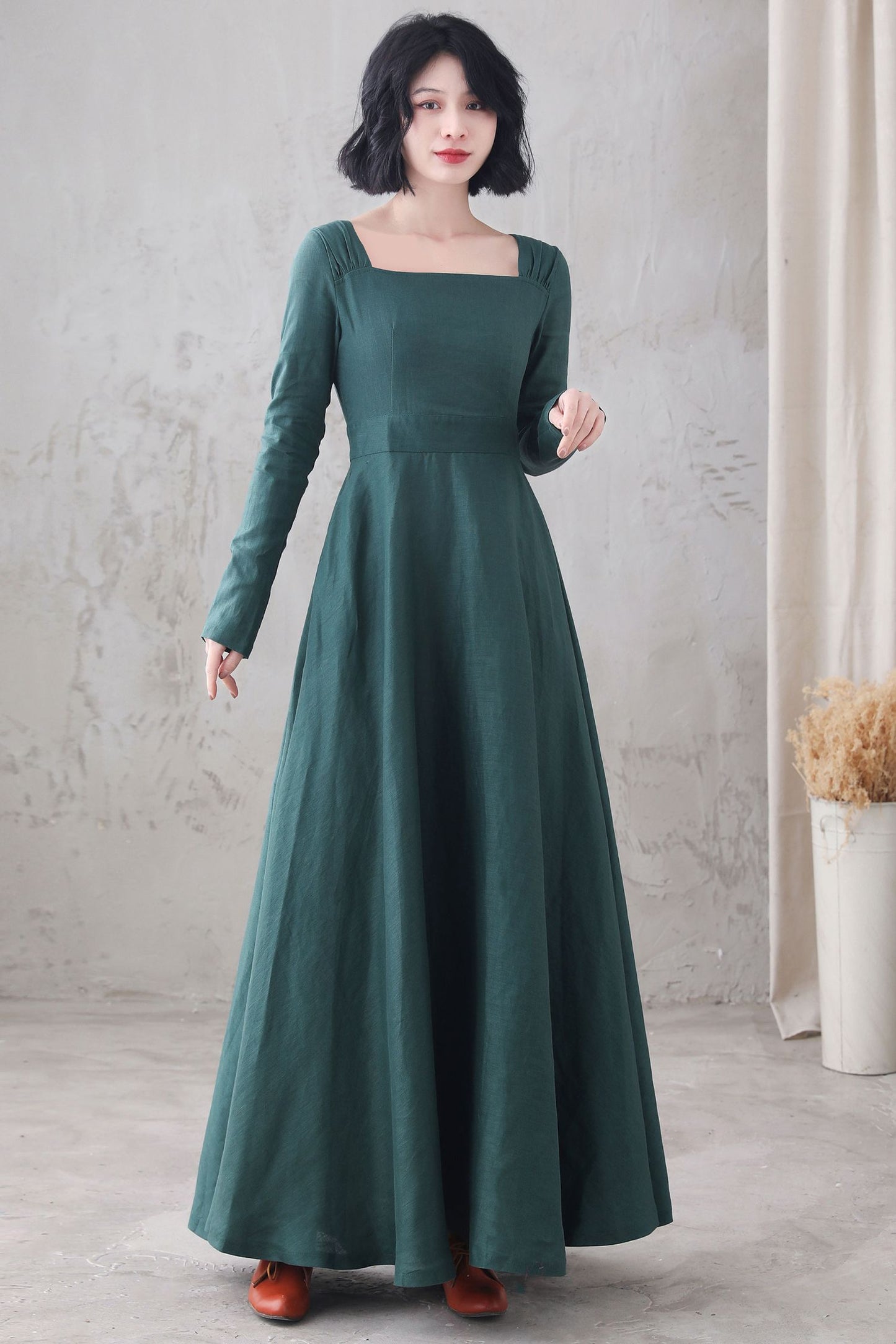 Long sleeve Linen Maxi dress with pocket 3285