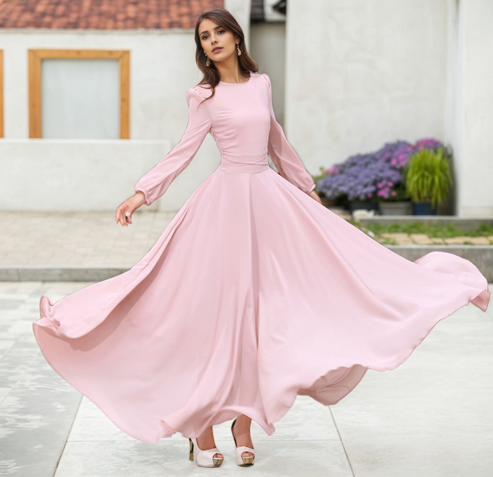 Long sleeve Bohemian Swing Pink Chiffon dress 2623 – Xiaolizi