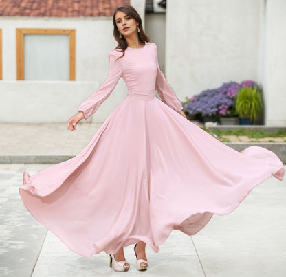 Pink Chiffon Maxi Dress - Long Sleeve Swing Silhouette 2623