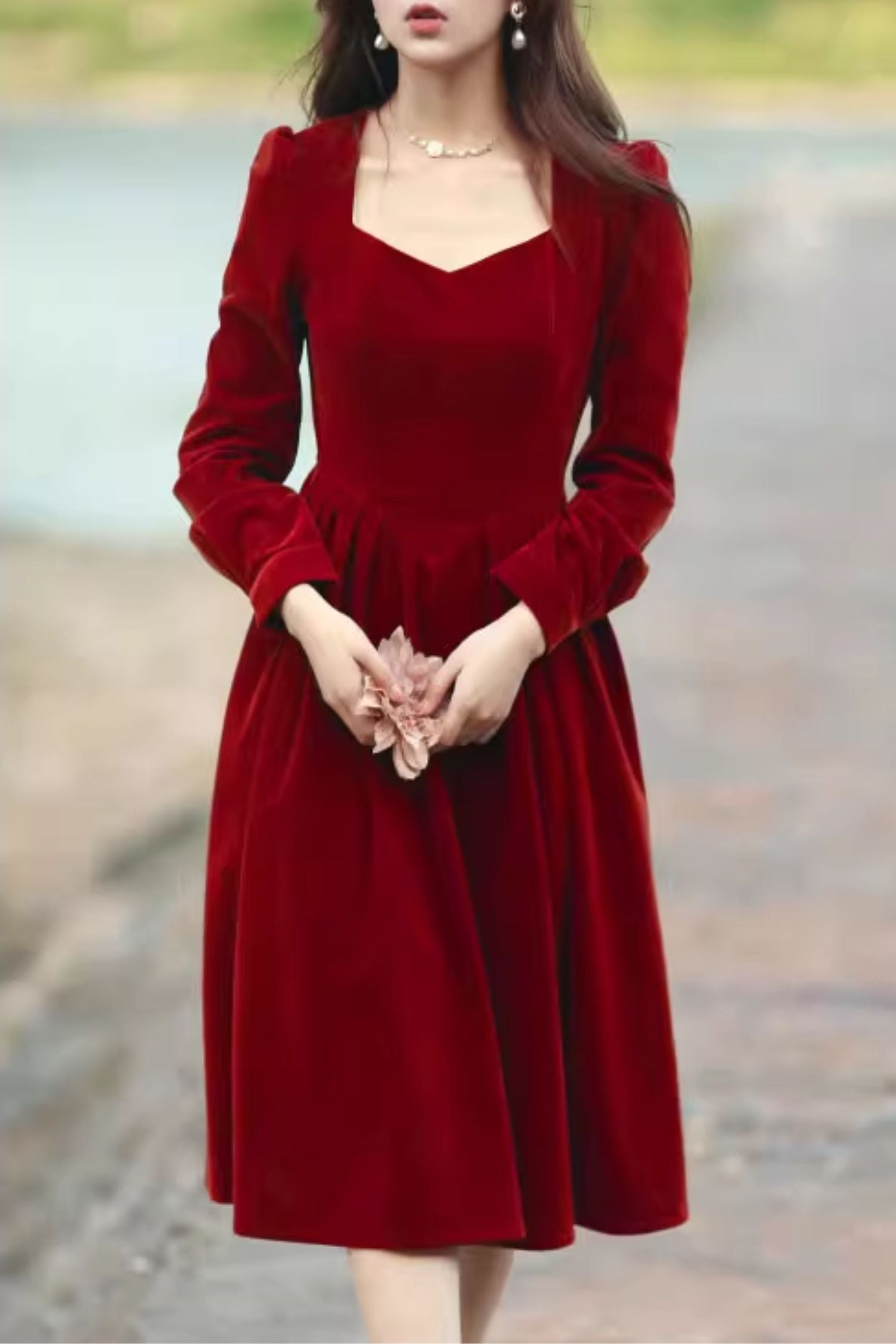 Prom knee length velvet dress women 4804 - red / XS Prom knee length velvet dress women 4804 - red / XS