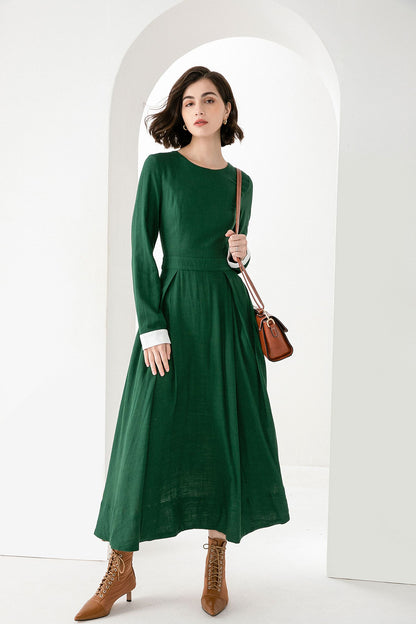 Emerald Green Linen Maxi Dress - Fitted Waist with Pleated Flare Skirt 3830