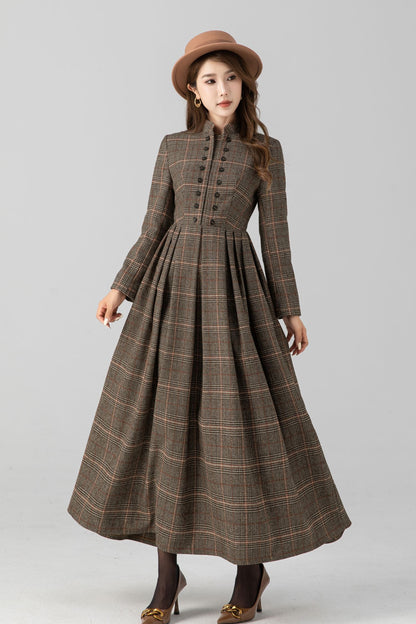 Plaid Wool Maxi Dress - Pleated Silhouette with Button Detail 5427