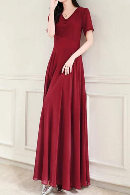Burgundy fit and flare long chiffon dress 5101