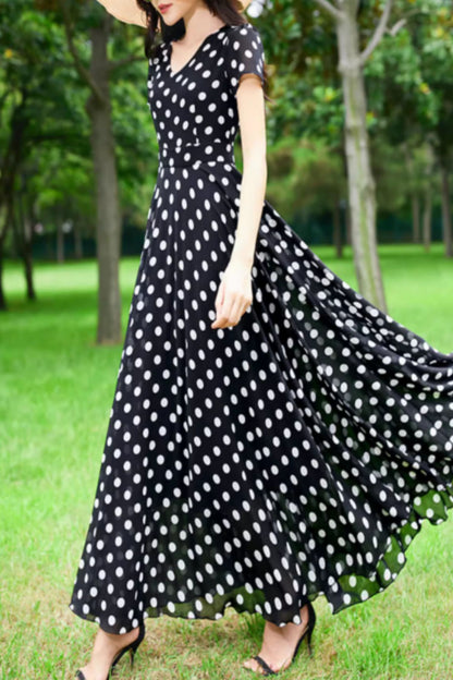 Black and white maxi polka dot chiffon dress 5156
