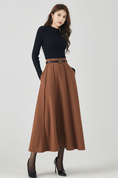 Brown Wool Pleated Midi Skirt – High Waist Winter Skirt with Pockets 4531