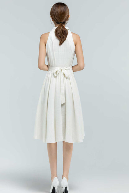 White Linen Shirt Dress - Sleeveless Fit and Flare Knee-Length 2378