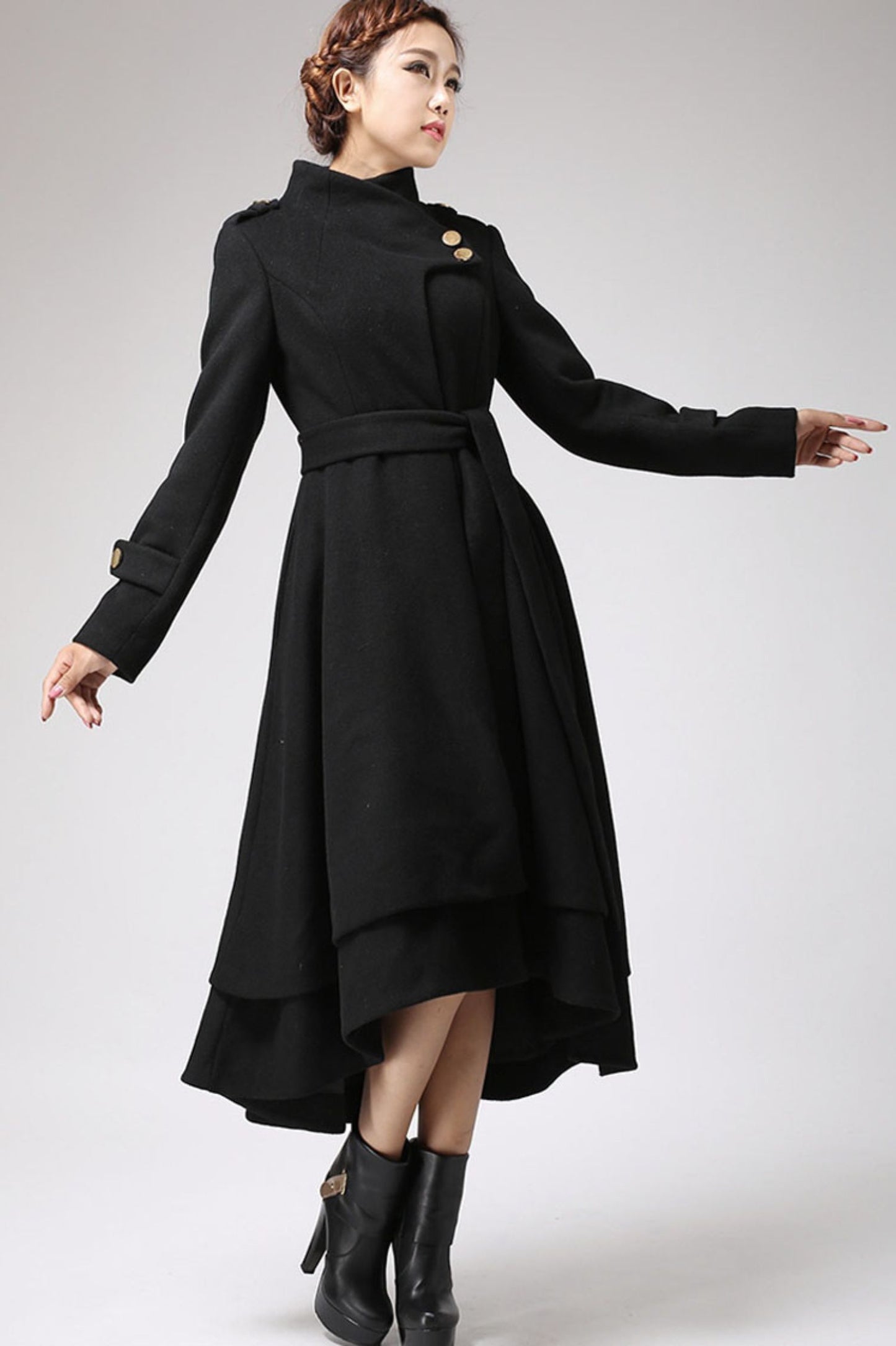 Asymmetrical Hem Black wool Coat  0703#