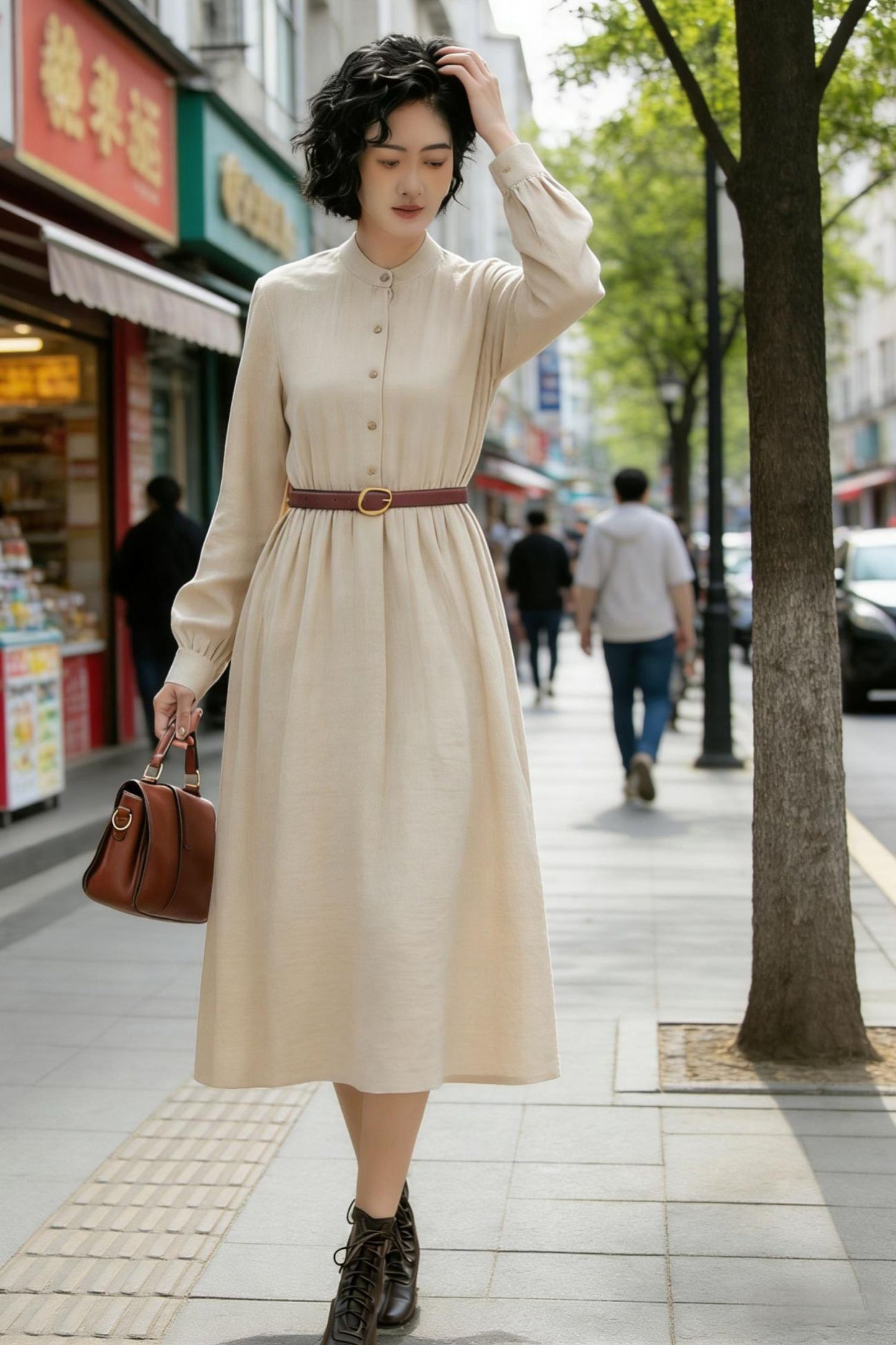 Timeless Beige Linen Midi Dress – Button Front with Stand Collar | Xiaolizi 6772