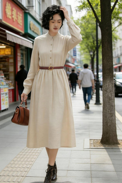 Timeless Beige Linen Midi Dress – Button Front with Stand Collar | Xiaolizi 6772