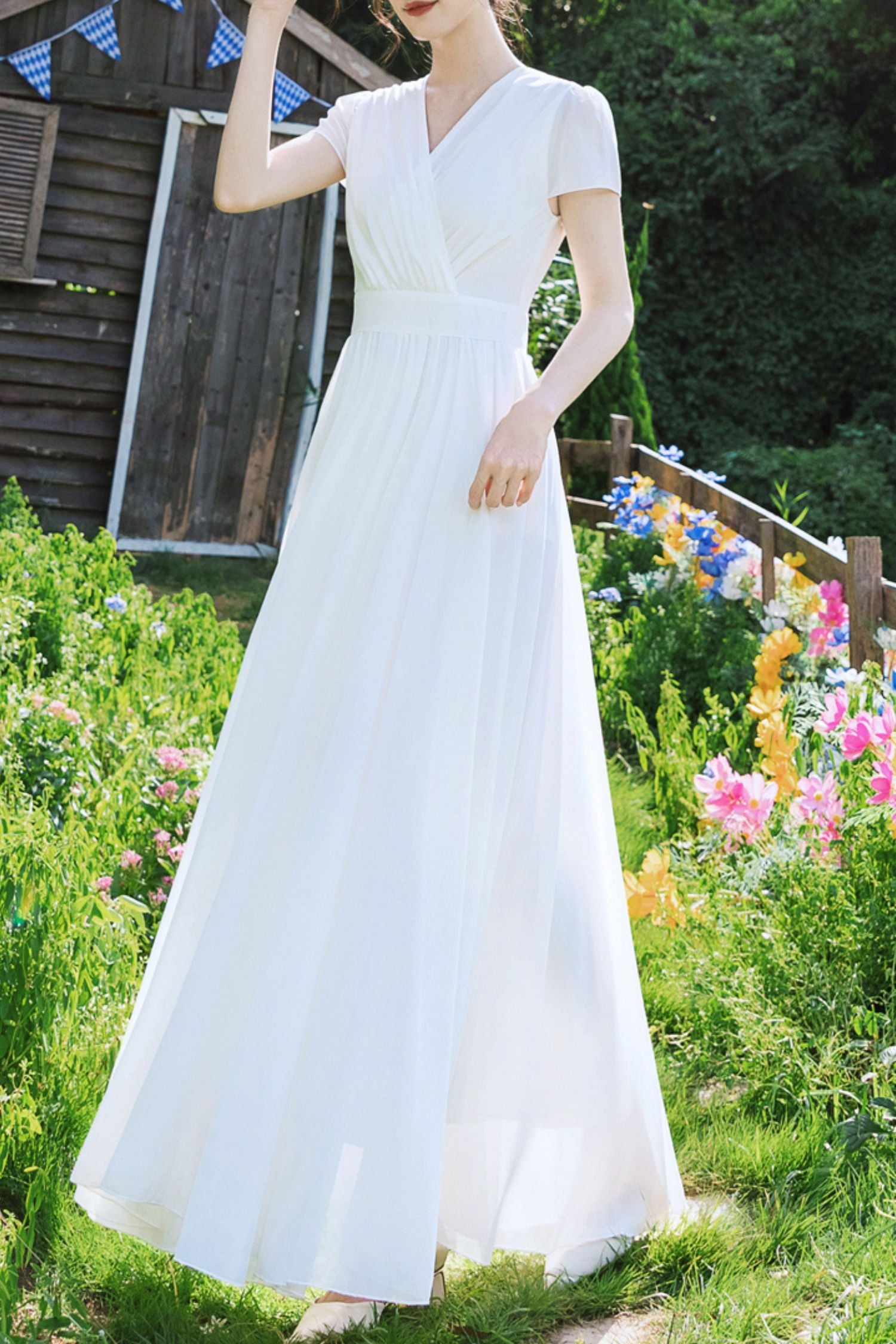 White vintage inspired long chiffon dresses HY0035 Xiaolizi White vintage inspired long chiffon dresses HY0035 Xiaolizi