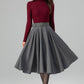 Grey Wool Midi Skirt – Handmade High Waist Vintage Pleated Skater Skirt 6398
