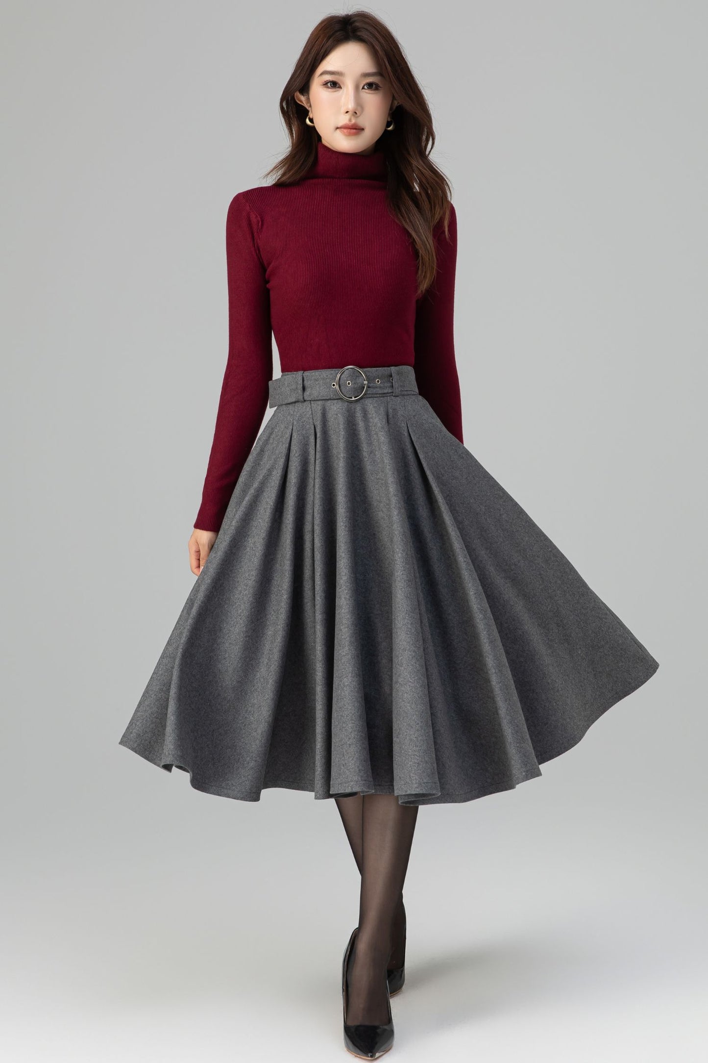 Grey Wool Midi Skirt – Handmade High Waist Vintage Pleated Skater Skirt 6398