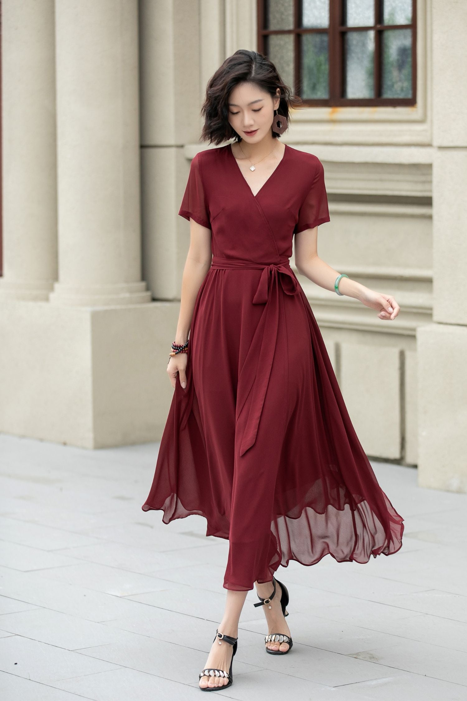Burgundy midi fit and flare prom chiffon dress 5222 - Burgundy / XS Burgundy midi fit and flare prom chiffon dress 5222 - Burgundy / XS