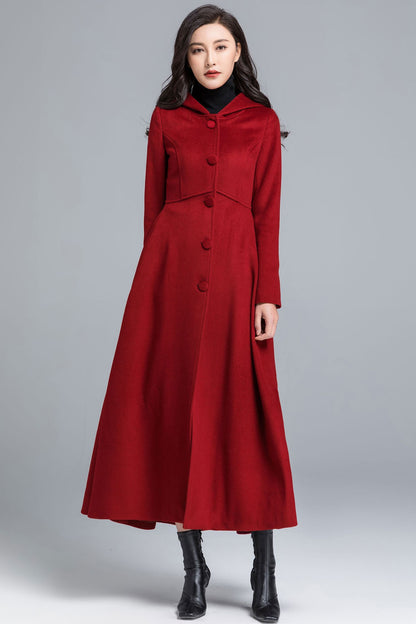 Red Wool Hooded Coat – Vintage Maxi Winter Overcoat for Women 2483