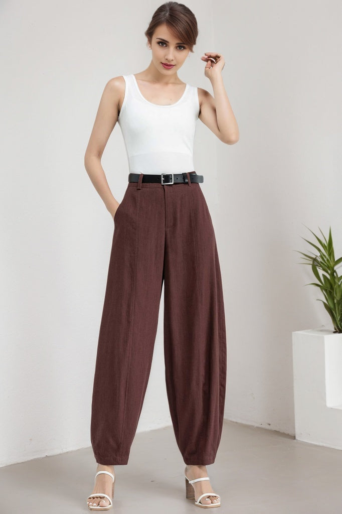 Brown Linen Pants - Loose Fit Wide Leg with Side Pockets 5909