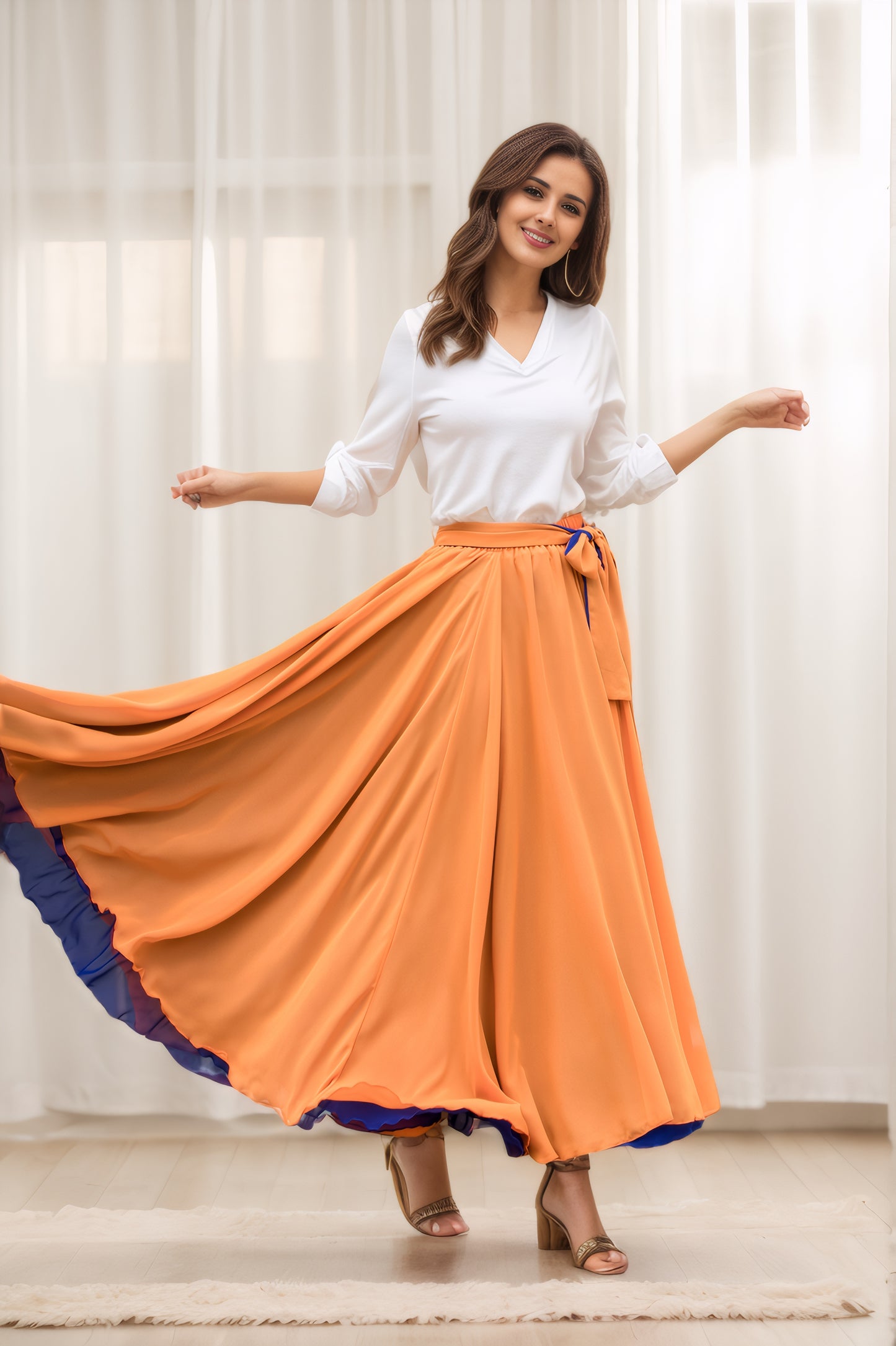 Boho Elastic Waist Chiffon Skirt with Belted 5742