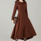 Brown Wool-Blend High‑Low Midi Dress – Wide Fold‑Over Collar & Pockets 6500
