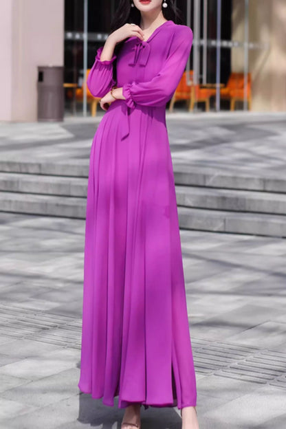 Purple Chiffon Maxi Dress - Flowing Silhouette with V-Neck Tie 5095