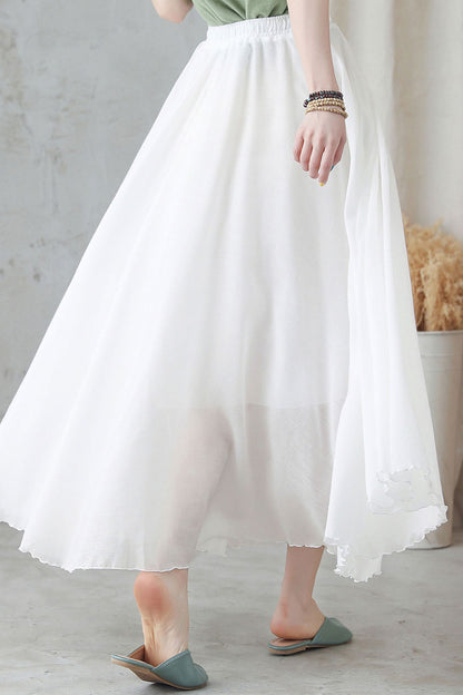 White Linen Maxi Swing Skirt, Pleated Elastic Waist | Xiaolizi 2748