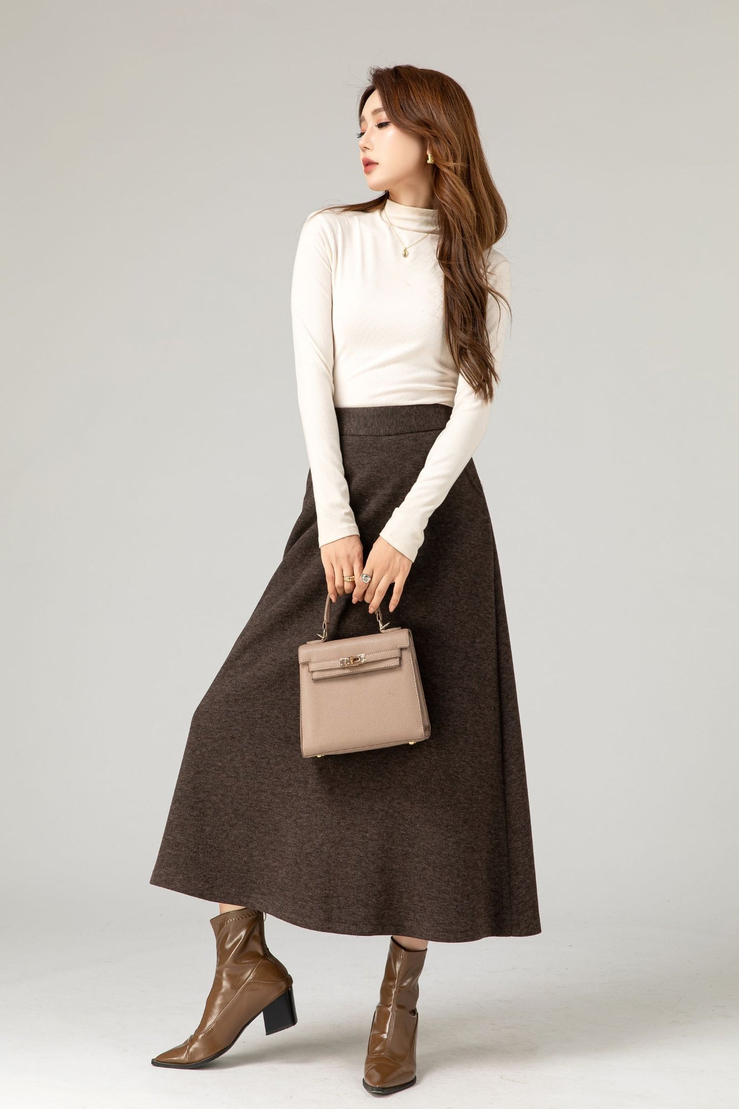 Brown a line winter wool skirt women 5483