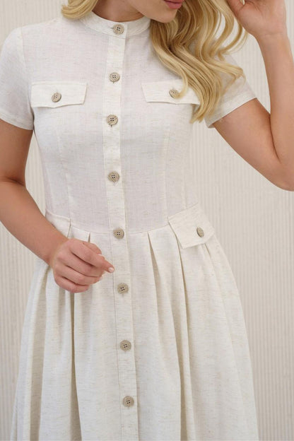 Button front white midi linen dress HY0018