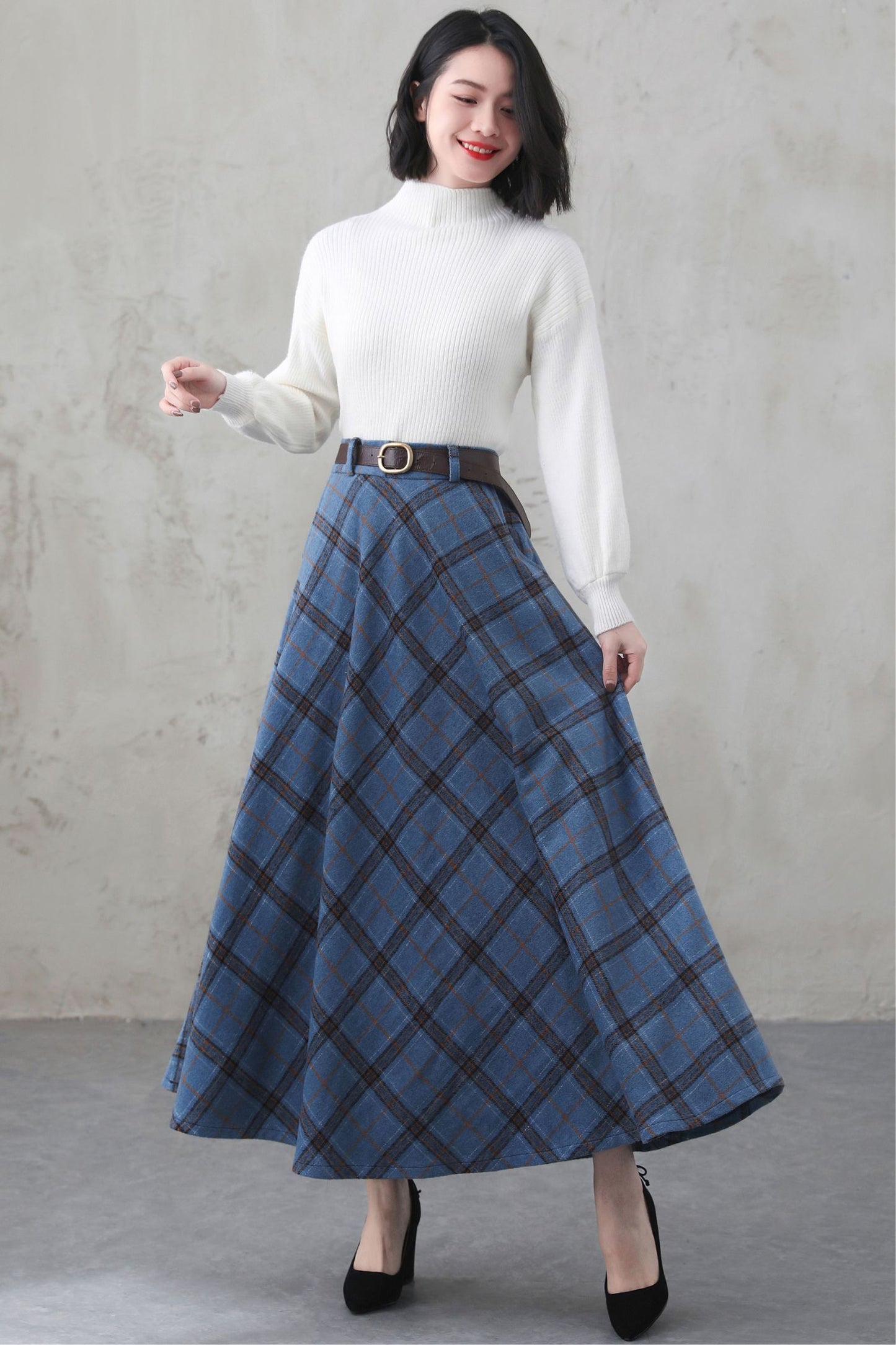 Women Winter long Plaid Wool skirt 4007