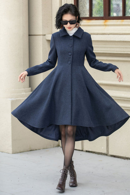 Navy Blue Wool Coat – Vintage Winter Cape Overcoat with High-Low Hem 5352