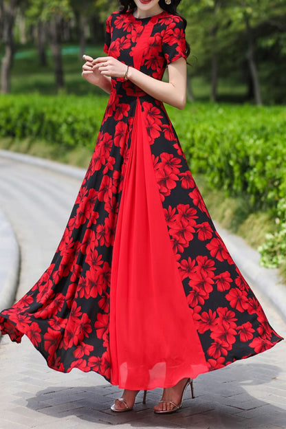 Chiffon Maxi Dress with Floral Patchwork in Black and Red