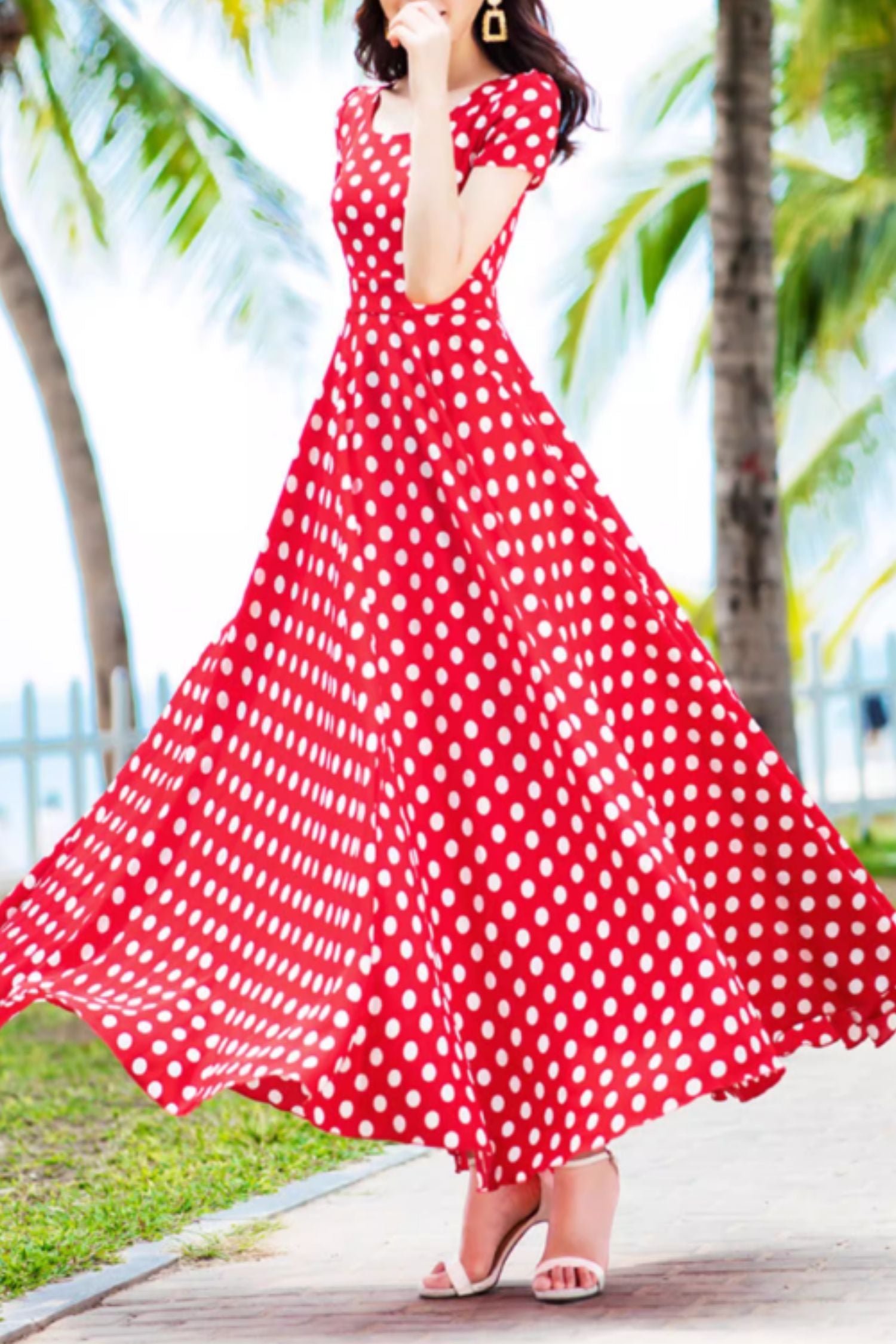 Red Chiffon Maxi Dress - Polka Dot Fit and Flare 5157
