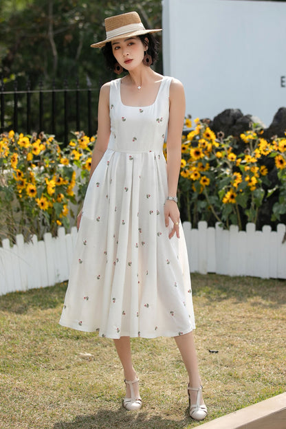 Xiaolizi Vintage Linen Midi Dress – Handmade Square Neck A-Line Summer Dress with Pockets 6685 -size XS #CK2600157