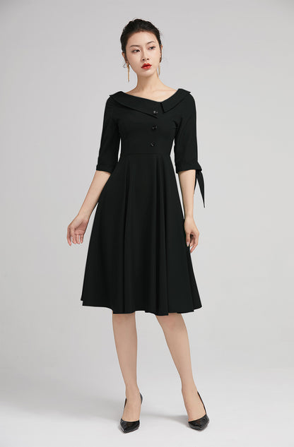 Xiaolizi Black Swing Dress – Vintage Lapel Collar Knee Length Cocktail Dress 6348