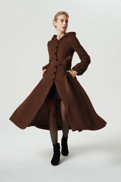 Brown Wool Coat Maxi Dress - Hooded, Belted Swing Silhouette 6308
