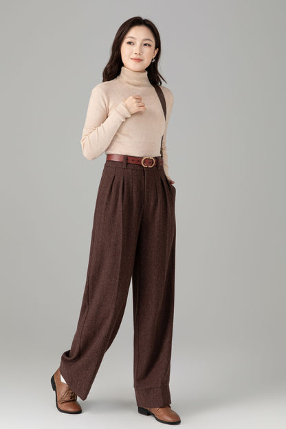 Women’s Chocolate Wool Trousers – Elegant Handmade High-Waist Pants | Xiaolizi 6464