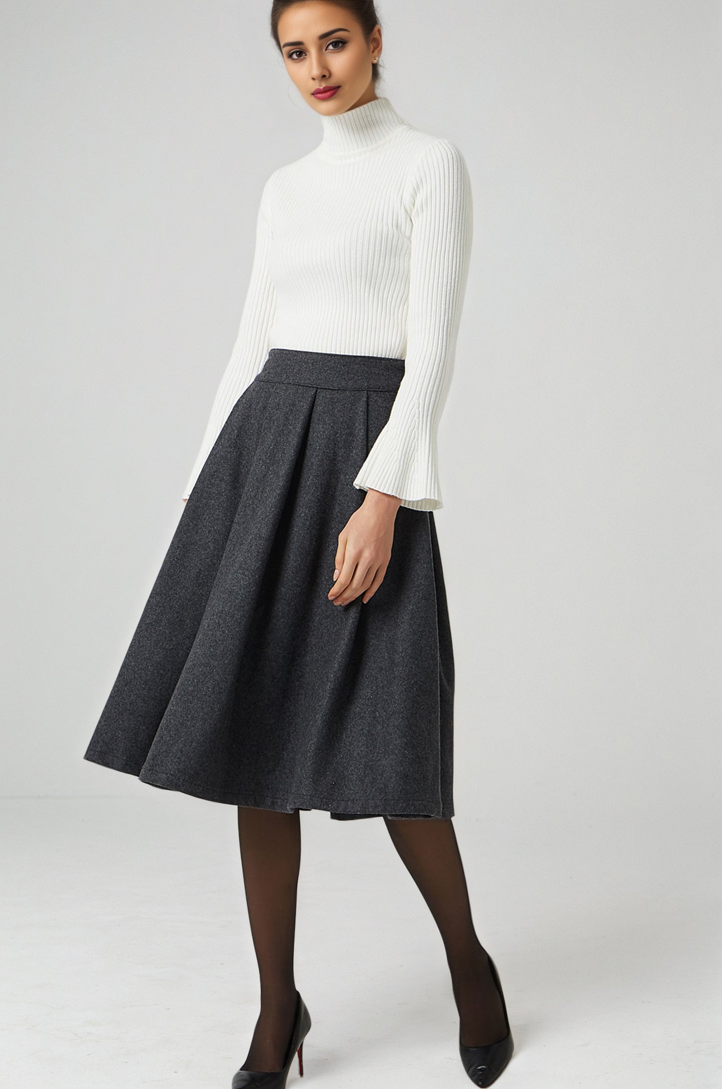 Dark Gray Wool Knee Length Skirt – Vintage Pleated Fit and Flare Skirt with Pockets 6294