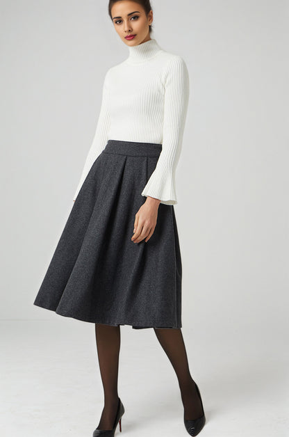 Dark Gray Wool Knee Length Skirt – Vintage Pleated Fit and Flare Skirt with Pockets 6294