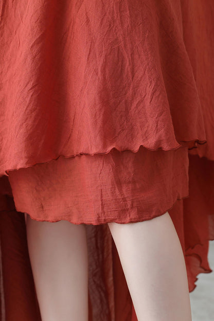 Bohemian Rust Red Linen Maxi Skirt – High-Waist Swing Hem – 2744