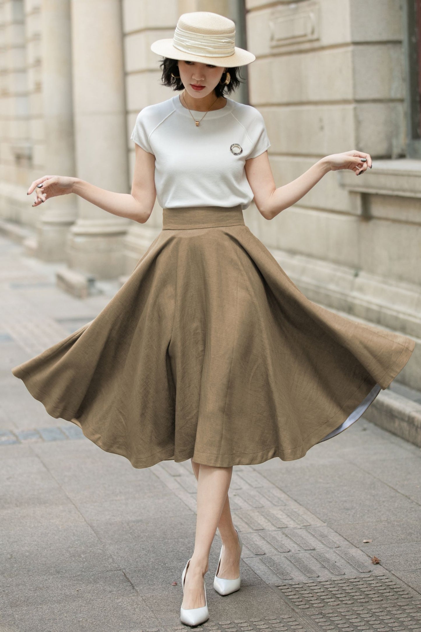 Brown Linen Midi Skirt - High Waist A-Line | Xiaolizi 6752