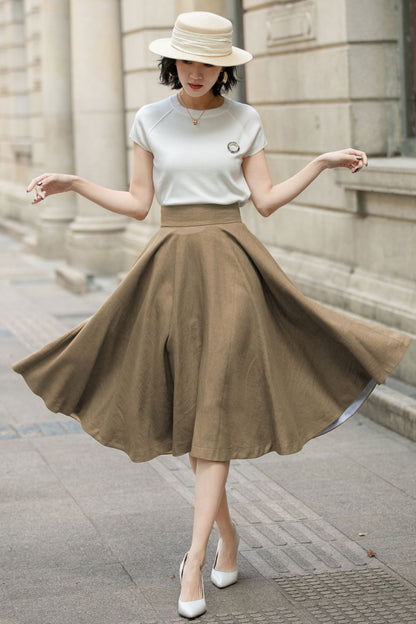 Brown Linen Midi Skirt - High Waist A-Line | Xiaolizi 6752