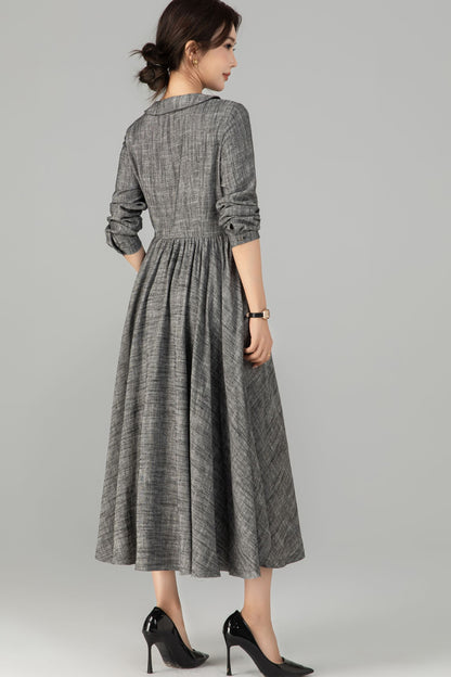 Gray Linen & Cotton A-Line Midi Dress - Button-Up with Waist Belt 5710