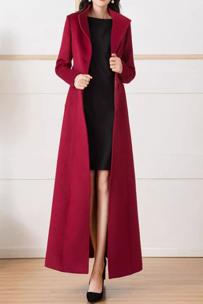 Wine Red Wool Long Trench Coat - Stand Collar, Belted Waist 5294