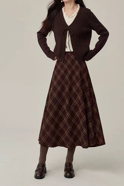 Burgundy Plaid  Wool Blend Midi Skirt -High Waist Retro Fall Winter Skirt 7024