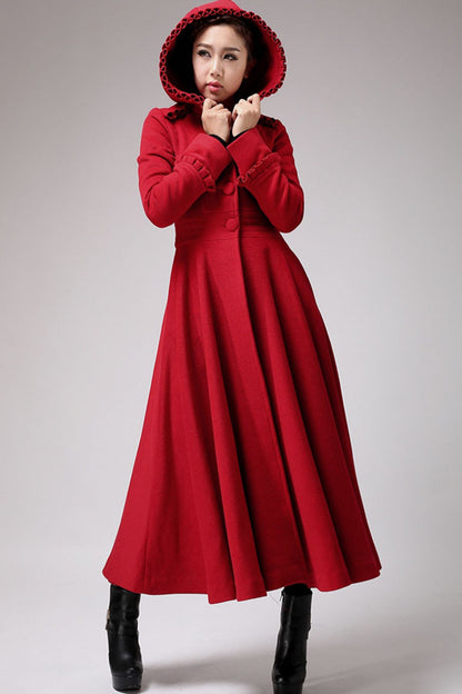 Red Wool Coat Maxi - Hooded Fit & Flare Silhouette 702
