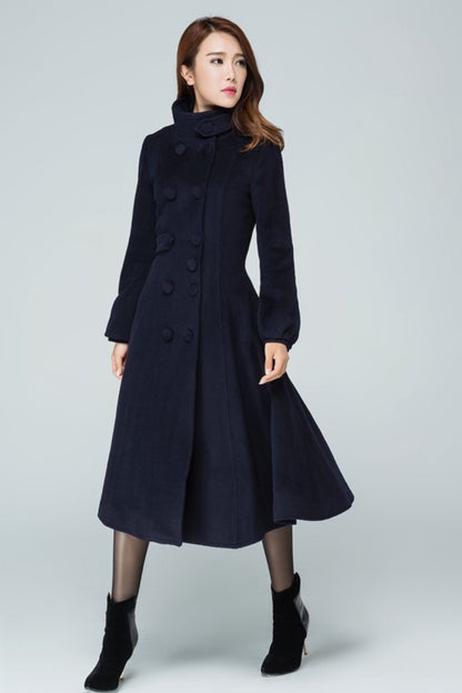 Navy Wool Fit and Flare Long Coat - Double Breasted Elegant Silhouette 1600