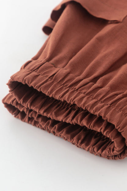 Rust Linen A-Line Midi Skirt - Elastic Waist with Pockets 4905
