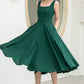 Stylish Deep Green A-Line Linen Suspender Dress with Square Neckline 5860