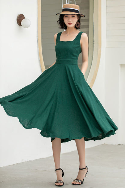 Green Linen Cotton Midi Dress - A-Line Square Neck Pockets | Xiaolizi 5860