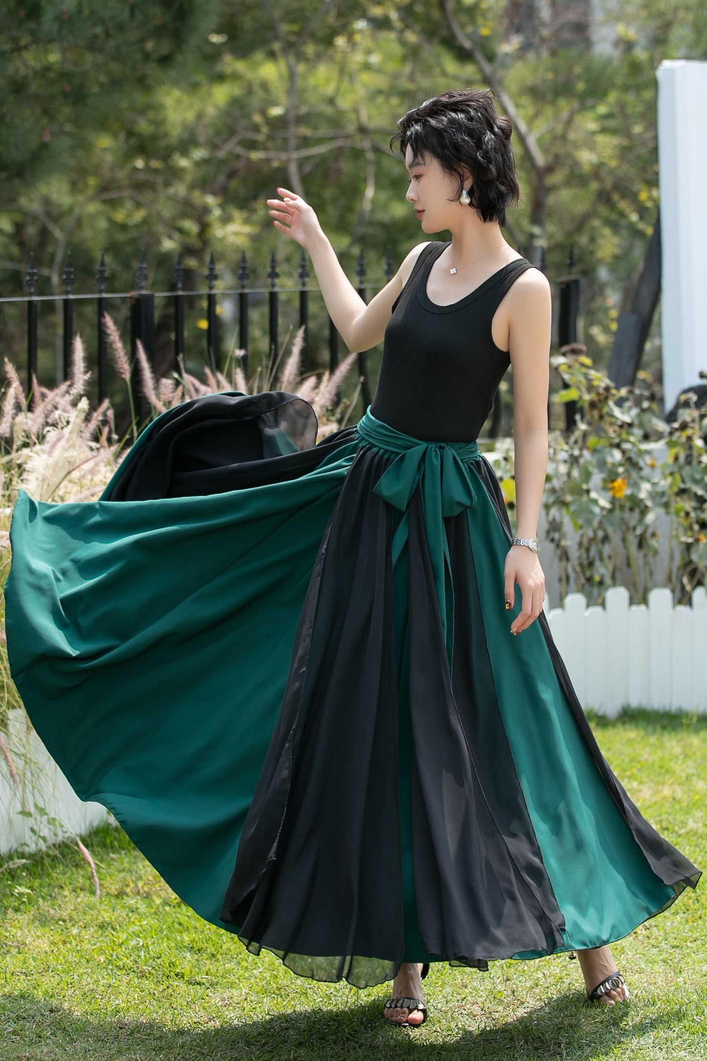 Black and Emerald Green Chiffon Maxi Skirt | Xiaolizi 6741