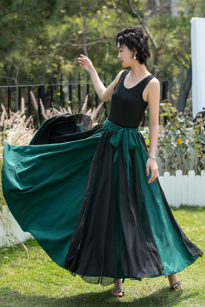 Black and Emerald Green Chiffon Maxi Skirt | Xiaolizi 6741
