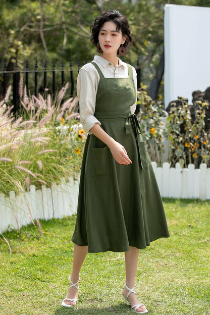 Olive Linen Cotton Pinafore Dress - Midi Fit Flare | Xiaolizi 6745